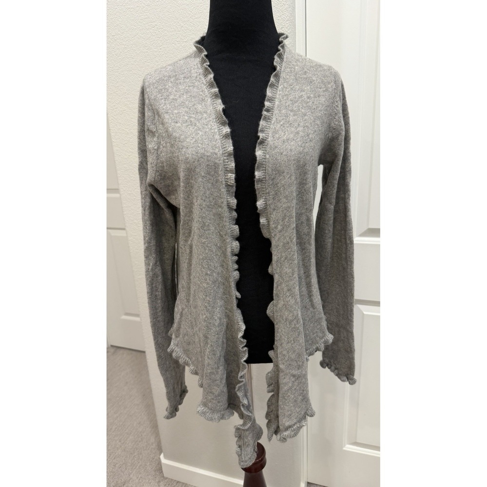 Garnet Hill 100% CASHMERE Sweater Gray Ruffle Trim Drape Open L/S Cardigan S